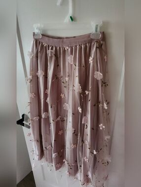Shasa Blush Pink 3D Floral Embroidered Fairycore Midi Skirt